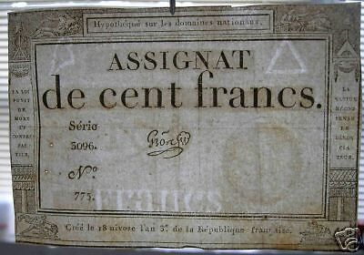 FRENCH REVOLUTION WATERMARKED 100 FRANCS ASSIGNAT of 1795 HIGH GRADE CONDITION 