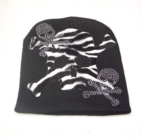 FUR SKULL BONE ZEBRA STRIPE SKI SNOWBOARD BEANIE HAT  