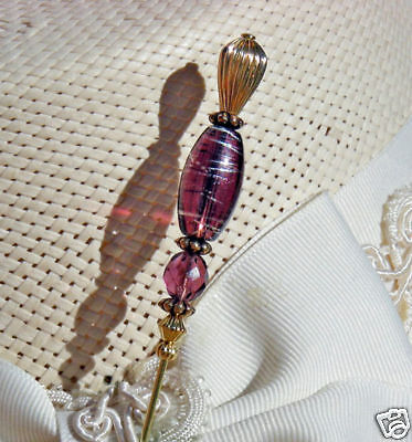 PURPLE GLASS & CRYSTAL & GOLD FINISH HATPIN   Hat pin  