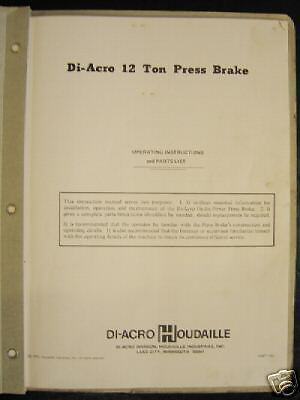 Di Acro 12 ton Press Brake Operation, Parts manual 1970  