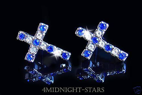 Ohrstecker KREUZ Hip Hop Strass Blau Weiß Bling *MS122  