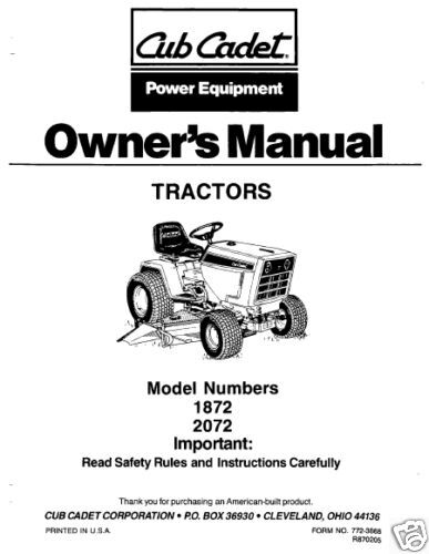 Cub Cadet Owners Manual Model No. 1872 2072  