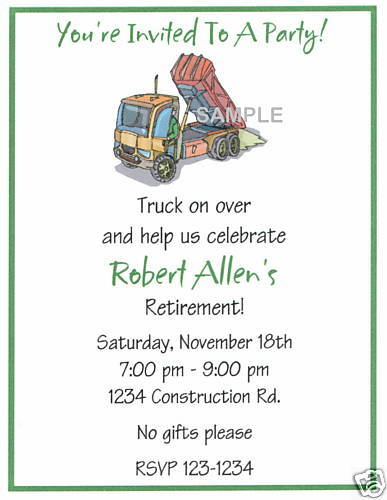 20 Custom Retirement Invitations/Elegant/Dump/Truck  