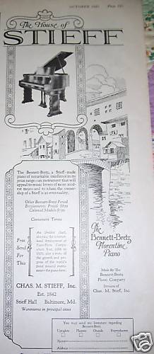 1927 Antique STIEFF Bennett Bretz Piano Ad  