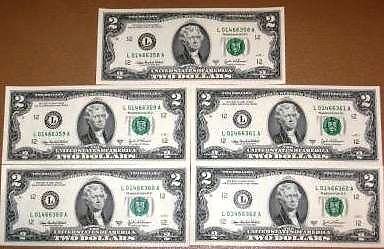 US CURRENCY (5) 2003A $2 FRNs OLD PAPER MONEY CRISP CUs  