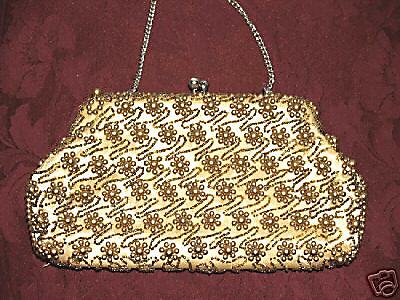 Gold Beaded Evening Bag w Rhinestone Stud clasp Japan  