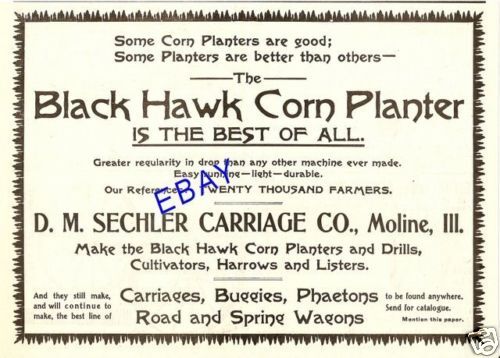 LARGE 1902 BLACK HAWK CORN PLANTER SECHLER MOLINE IL  