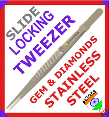 DIAMOND TWEEZERS SLIDE LOCKING STEEL SERRATED GEM STONE  