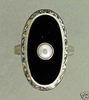   ENGRAVED BEZEL SET BLACK ONYX NATURAL PEARL 14K WHITE GOLD RING  