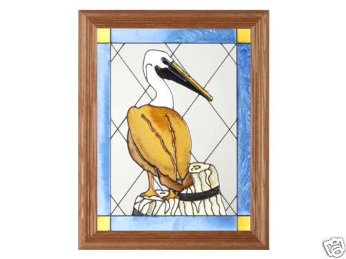13x16 Stained Glass PELICAN Bird Framed Suncatcher  