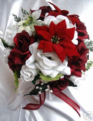 21pc Bridal Bouquet wedding flowers BURGUNDY/ CHRISTMAS  