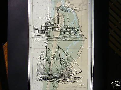 Steamboat & Schooner, Original Ink on nautical chart   