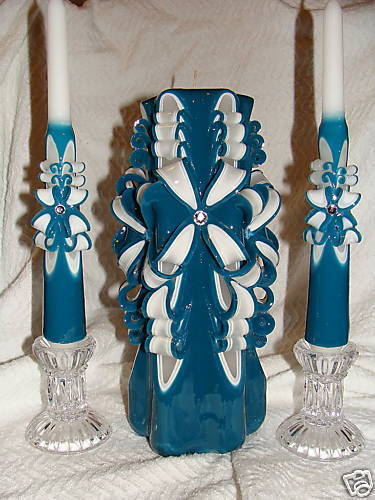 NEW HAND CARVED TEAL UNITY WEDDING CANDLE WITH TAPERS  