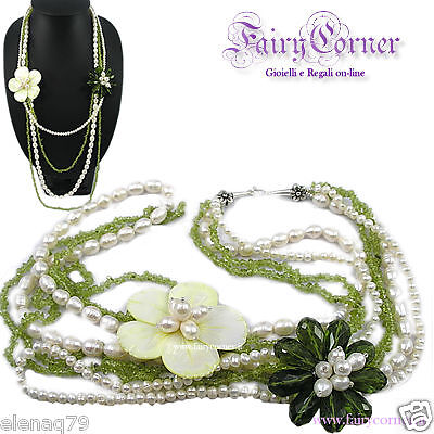 Collana donna perle madreperla peridoto cristalli VERDE  